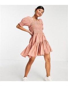 Розовое присборенное платье мини с расклешенной юбкой необработанным нижним краем и квадратным вырез Asos petite