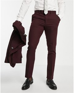 Бордовые зауженные брюки из ткани с добавлением шерсти и узором елочка Wedding Asos design