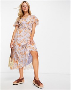Плиссированное платье миди со сборками цветочным принтом и пышными рукавами Asos design