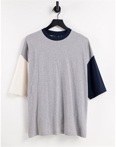 Oversized футболка серого меланжевого темно синего и кремового цвета в стиле колор блок Asos design