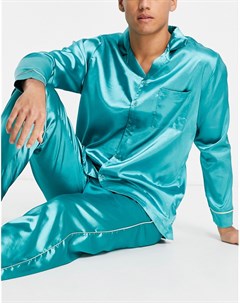 Атласный домашний пижамный комплект из рубашки и брюк с отделкой кантом Asos design