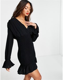 Черное платье мини с длинными рукавами и V образным вырезом Trendyol