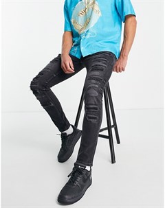 Эластичные зауженные джинсы черного выбеленного цвета с очень рваной отделкой Topman