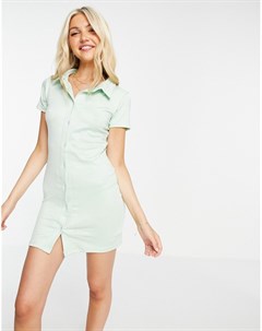 Шалфейно зеленое платье мини в рубчик на пуговицах и с оборкой x Olivia Bowen In the style