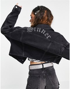 Джинсовая куртка из переработанного хлопка выбеленного черного цвета с надписью Sinner Topshop