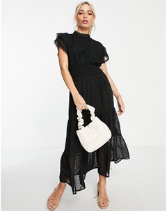 Черное платье миди с кружевными вставками из ткани добби Miss selfridge