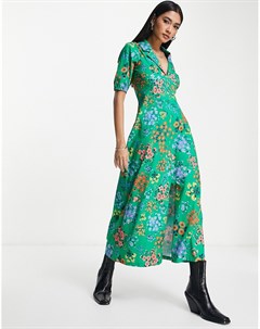 Зеленое чайное платье миди с воротником и цветочным принтом Asos design