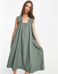 Платье миди цвета хаки из органического хлопка со сборками на бретельках Vero moda