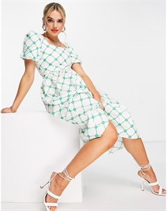 Платье миди в зеленую клетку с присборенной юбкой цветочным принтом и квадратным вырезом Glamorous