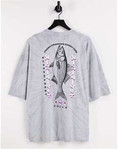 Серая футболка в стиле oversized с эффектом тай дай и принтом рыбы на спине Asos design