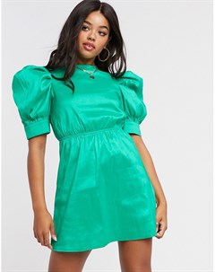 Зеленое платье мини из сатина с объемными рукавами Girl in mind