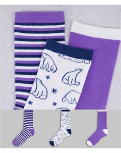 Набор из 3 пар носков с разным дизайном в фиолетовых оттенках и с белым медведем Chelsea peers