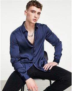 Темно синяя атласная рубашка Asos design
