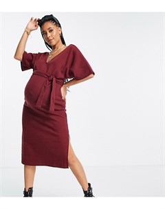 Темно красное платье джемпер миди из очень мягкого материала с V образным вырезом и поясом ASOS DESI Asos maternity