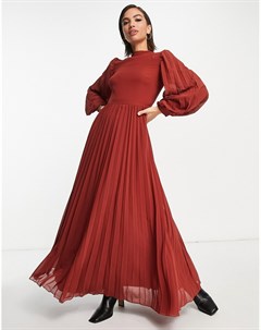 Приталенное платье макси рыжего цвета со свободной плиссированной юбкой высоким воротником и длинным Asos design