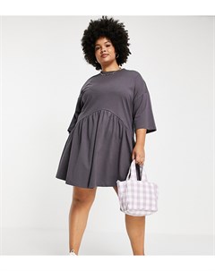 Серое платье мини в стиле oversized с присборенной юбкой и заниженной талией Curve Asos design