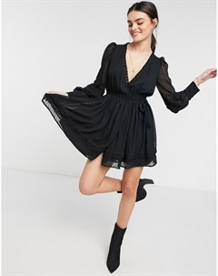 Черное платье мини из ткани добби с запахом и кружевными вставками Asos design