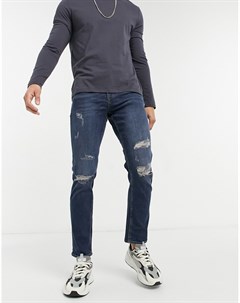 Темно синие узкие джинсы со рваной отделкой New look