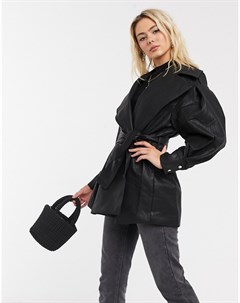 Черная куртка из искусственной кожи с объемными рукавами и поясом Asos design