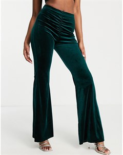 Бархатные расклешенные брюки изумрудно зеленого цвета с завышенной талией и присборенной отделкой Ex Jaded rose