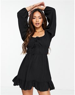 Черное чайное платье мини с длинными рукавами и завязкой спереди Asos design