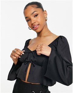 Черная атласная укороченная блузка с длинными рукавами и завязками спереди Miss selfridge