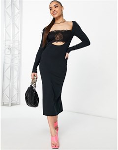 Черное облегающее платье с длинными рукавами и кружевной вставкой на груди Asos design
