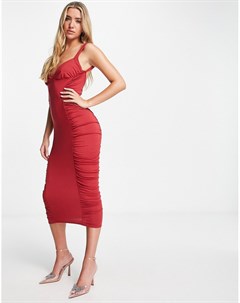 Огненно красное присборенное по бокам платье миди на бретельках с вырезом сердечком Asos design