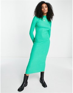 Ярко зеленое платье макси в рубчик с высоким воротом Vero moda