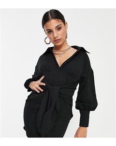 Черное фактурное платье рубашка мини с двойной завязкой ASOS DESIGN Petite Asos petite