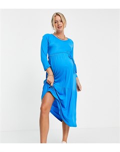 Синее платье миди с присборенной юбкой и завязкой над животом Mamalicious Maternity