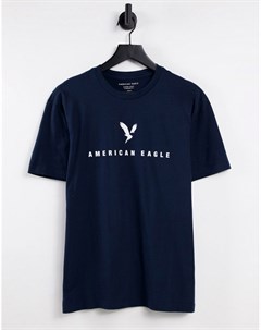 Темно синяя футболка с прямоугольным принтом с изображением орла на груди American eagle