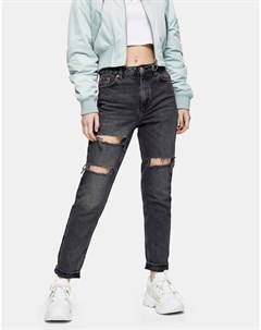 Черные выбеленные джинсы в винтажном стиле с двойной рваной отделкой на коленях Topshop