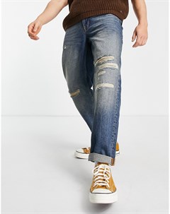 Свободные джинсы выбеленного оттенка с зеленым тонированием и рваными разрезами с заплатками Topman