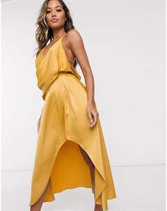 Атласное золотистое платье миди с драпировкой Asos design