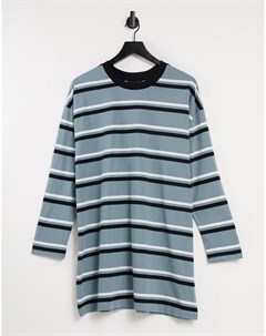 Oversized платье футболка с длинными рукавами в пыльно синюю черную и белую полоску Asos design