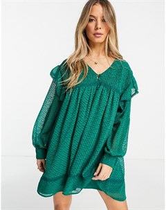 Бутылочно зеленое свободное платье мини с кружевными вставками и сборками Asos design