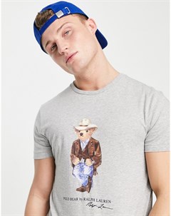 Серая меланжевая футболка с принтом медведя ковбоя Polo ralph lauren