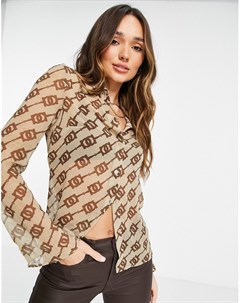 Прозрачная коричневая блузка из жатой ткани в стиле 90 х с монограммным принтом Asos design