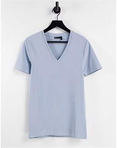 Голубая облегающая футболка с глубоким V образным вырезом Asos design