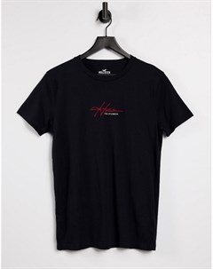 Черная футболка с логотипом в рукописном стиле по центру Hollister