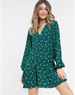 Зеленое платье мини с длинными рукавами V образным вырезом асимметричным подолом и цветочным принтом Asos design