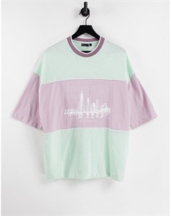 Oversized футболка в стиле колор блок зеленого и фиолетового цветов с принтом города Asos design