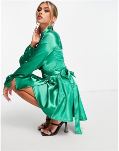 Изумрудно зеленое атласное платье миди с запахом Tfnc