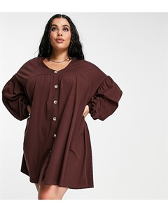 Свободное платье мини шоколадно коричневого цвета с застежкой на пуговицах и длинными рукавами ASOS  Asos curve