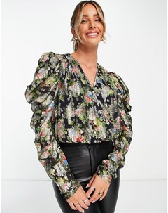 Черная блузка с драпировкой и цветочным принтом с эффектом металлик в стиле 80 х River island