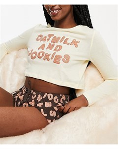Короткая пижама цвета слоновой кости и шоколадного цвета с принтом Cookies Brave soul