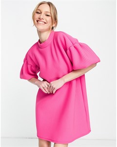 Розовое платье мини в рубчик с высоким воротником и пышными рукавами Asos design