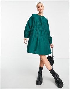 Ярусное платье мини из хлопкового поплина бутылочного зеленого цвета Asos design