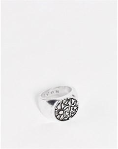 Серебристое кольцо печатка с цветочным узором Icon brand
